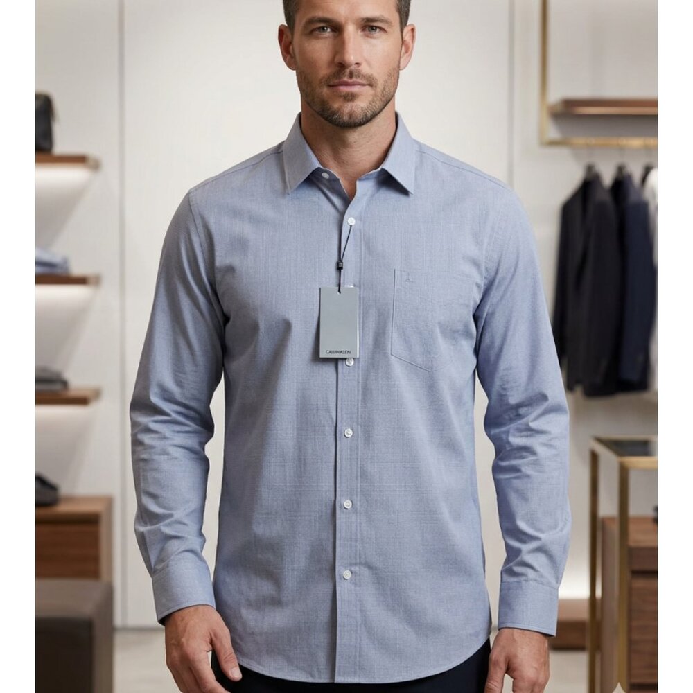 WES - NWT -Mens Regular Fit Easy Care Dress Shirt Blue Micro Pattern Size 44 NEW